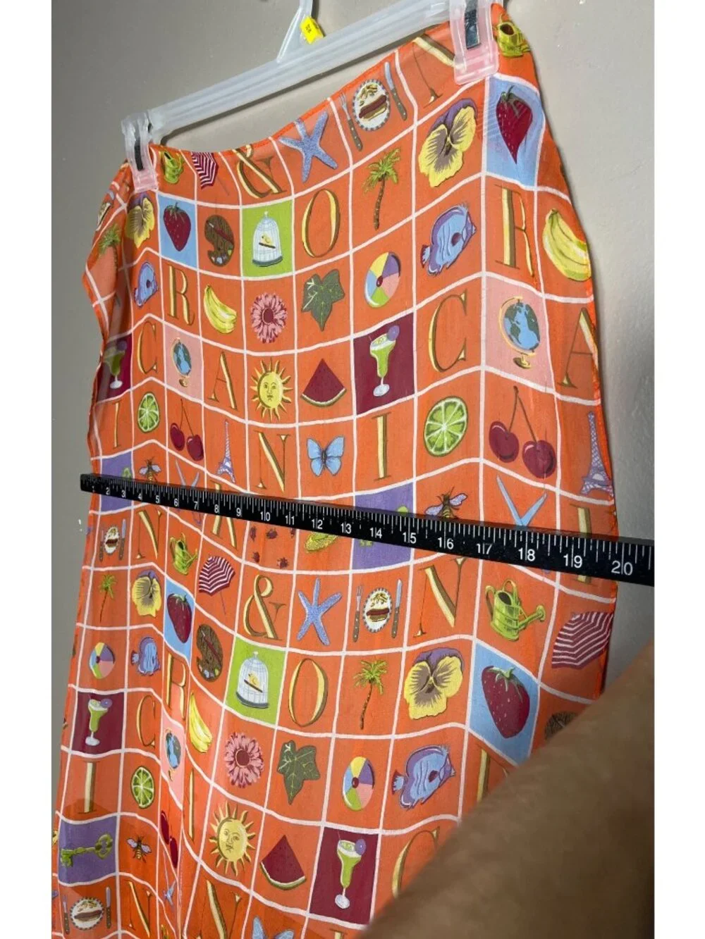 Nick & Nora Silk Novelty Scarf Retro Vacation Motifs Sheer Chiffon Large Orange